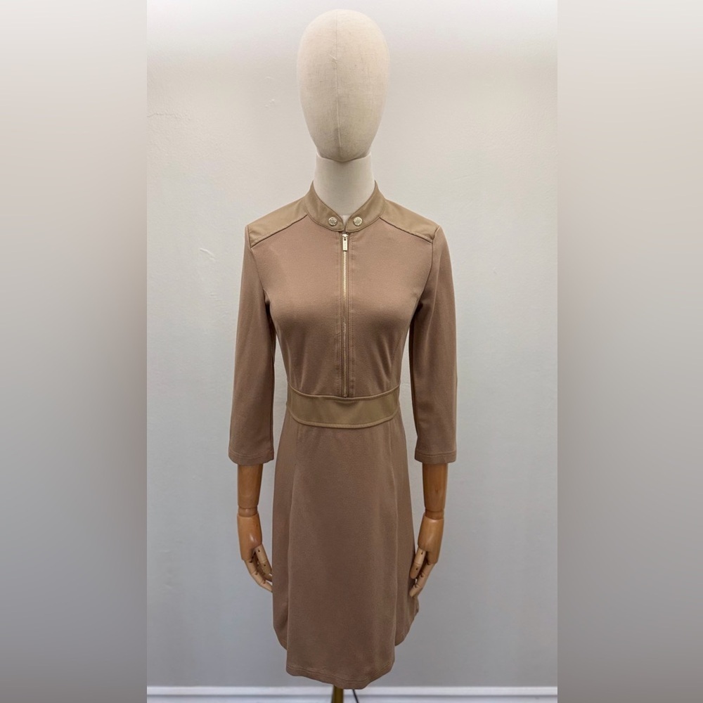 Ellen Tracy Beige Zip Front Long Sleeve Dress XS